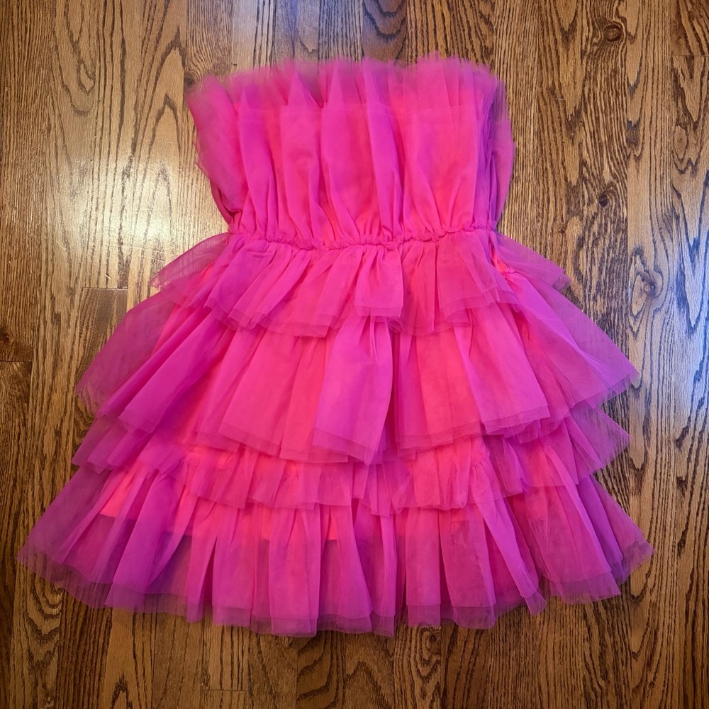 Mable Hot Pink Tulle Ruffle Strapless Mini Dress Small Barbiecore Party - Picture 2 of 9